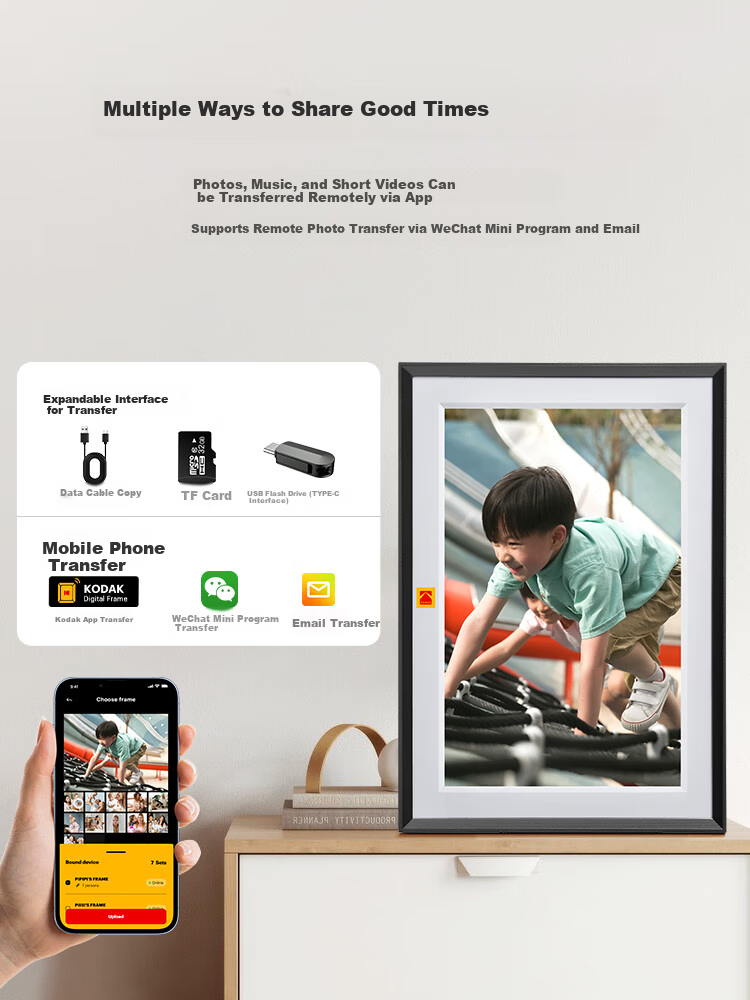 KODAK 1013F Digital Photo Frame 10.1-inch HD Smart Touchscreen Remote Photo and Video Player Rechargeable/Plug-in Wood Color 7