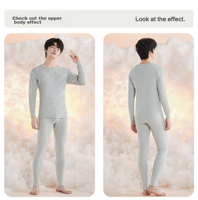 Hodo Men's Pure Cotton Autumn Underwear Set, All-Cotton Printed Thin Cotton Sweater And Pants, New Autumn Release, Deep Heather 180 14
