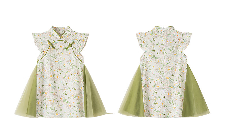 DEESHA Girls' 2025 Summer Printed Mesh Hanfu Qipao, Green Floral Print, Size 90 17