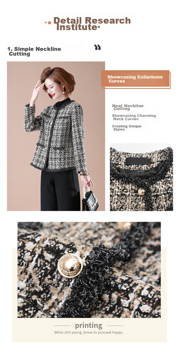 QianLian Mom's Spring Short Jacket, Middle-Aged Women's Chanel-Style Long-Sleeve Top, Middle-Aged And Elderly Spring And Autumn Casual Low-Heel Blazer 6