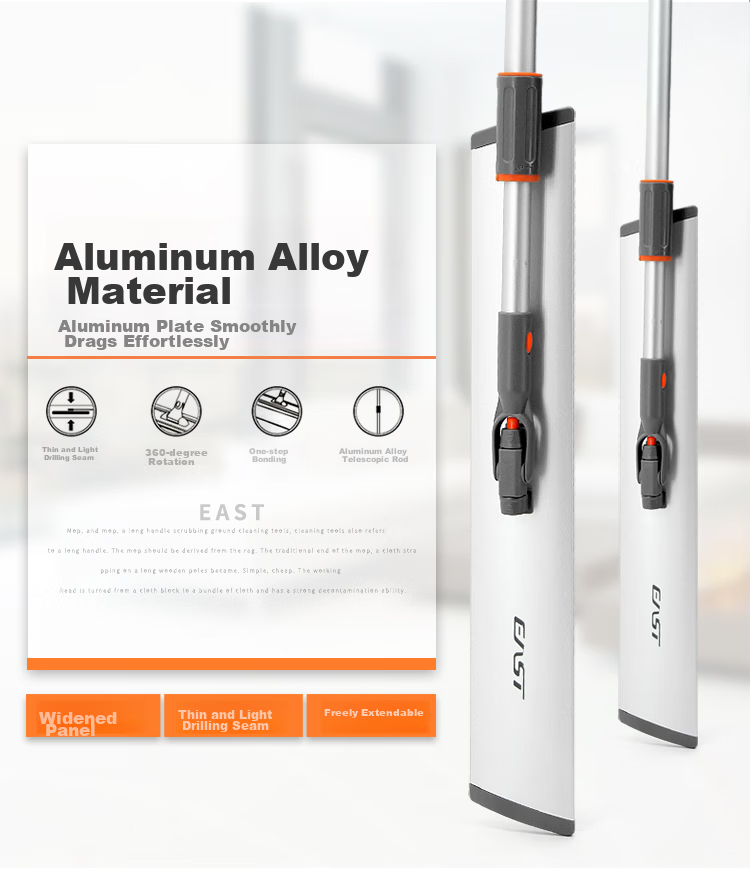 EAST Flat Mop, 60cm Aluminum Alloy Handle, 1.48cm Thick, 2 Cloths Included, Household All-In Mop, Lightweight Dust Push And Floor Cleaning Mop 2