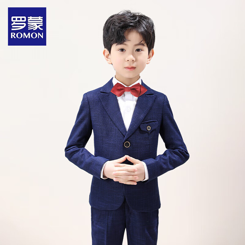 Romon Children's Suit Formal Wear Stylish British Flower Boy Set Boys Navy Blue Honeycomb Fleece Five-Piece Set Size 110