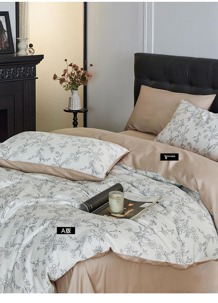 Dohia Home Textiles Pure Cotton Bedding Set of Four Pieces, 60s Pure Cotton Sateen Bed Sheet And Duvet Cover Set, French Hepburn Style Home Decor Set for 1.8m Bed 229*230cm 12