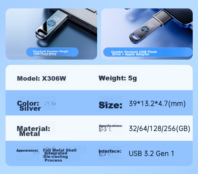 HP 128GB USB 3.2 Gen 1 Flash Drive with Apple Lightning Adapter X306w Metal High-Speed USB Drive for Study, Office Work And Car Computer 3