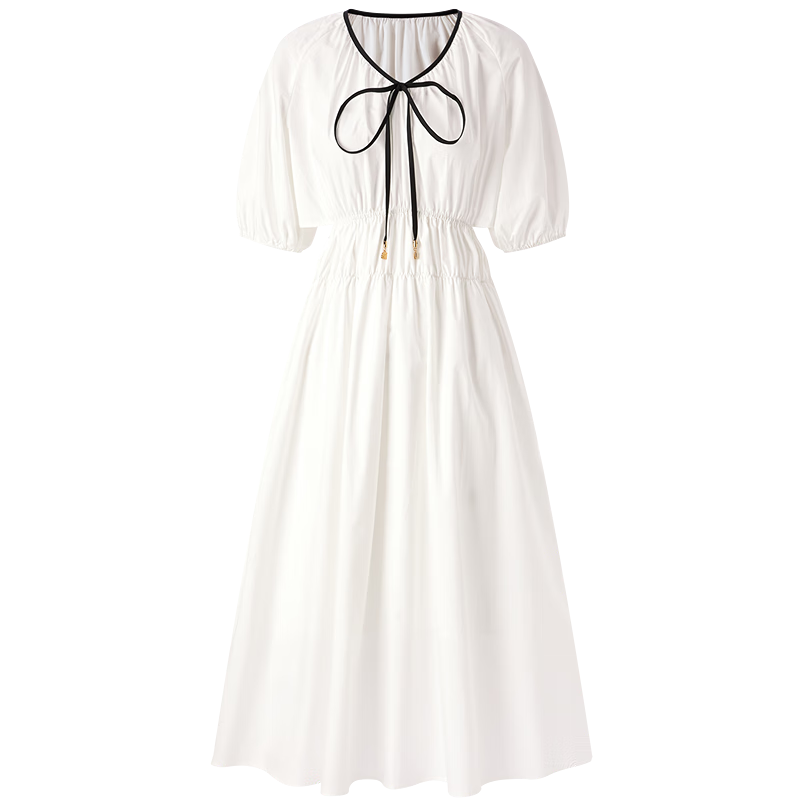Peacebird Women's Premium Commuter Summer V-Neck Long Dress Small Brand Hollow Out Color-Block Simple Commuter White Long M