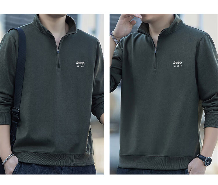 JEEP SPIRIT Men's Sweatshirt, Spring Half-Zip Long-Sleeve T-Shirt, Men's Jacket Undershirt, Army Green, XL 15