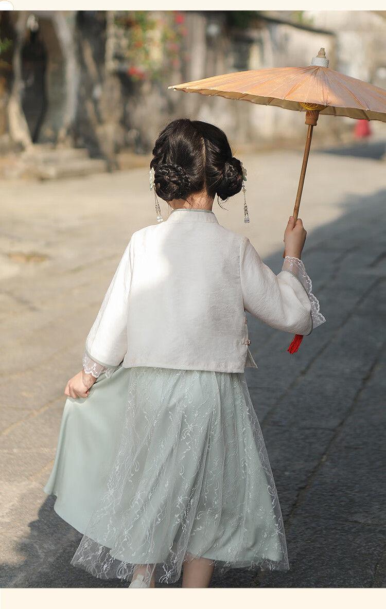 Qibo Hanfu Girls' Spring And Autumn Mid-Autumn Festival Kindergarten Performance Children's Chinese-Style New Traditional Set, Qingdai Long Sleeve, Size 100 9