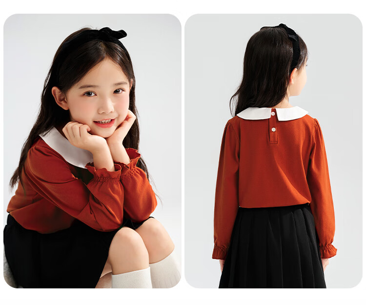 QQ DUCK Children's Clothing, Girls' Red Shirt, Peter Pan Collar Blouse, Youth Inner Wear, Performance Costume; 165 6
