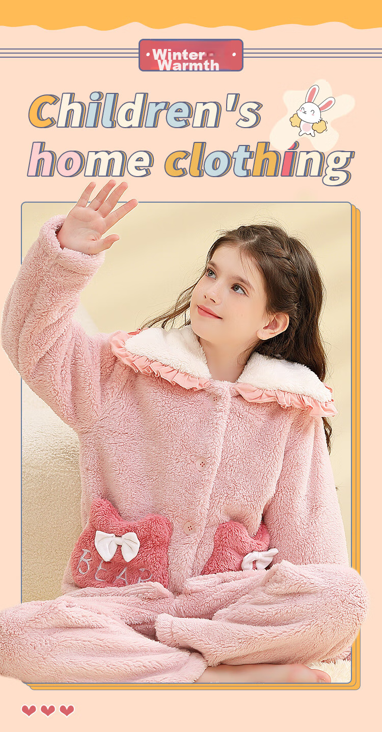 LangSha [Flannel] Children's Pajamas, Girls' Sleepwear, Autumn And Winter Thickened Warm Sleepwear, for Older Children And Teenage Girls, Home Wear Set 1