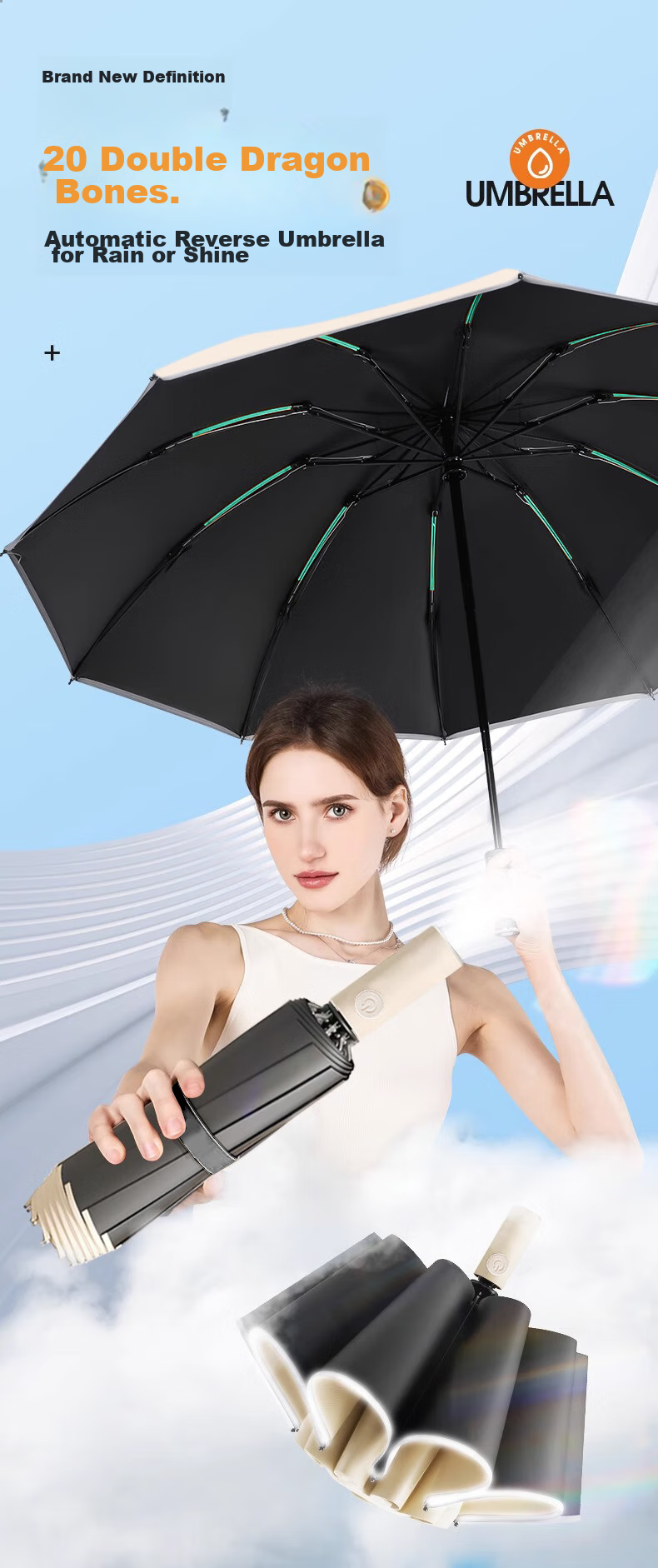 Bahainiao Umbrella, Reverse Automatic Sun And Rain Dual-Use Parasol, Car-Mounted Sunshade, Reinforced 20-Rib Windproof Folding Umbrella for Men And Wome 1