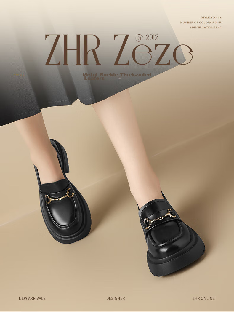 ZHR Women's Loafers, Classic British Style Flats, Comfortable Thick-Soled Leather Shoes, Slip-On Women's Shoes, AH555, Black, Size 36 1
