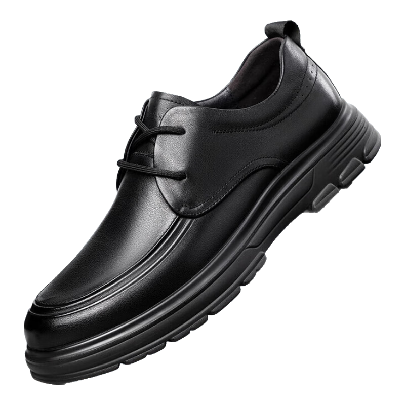 LAORENTOU Men's Leather Shoes, Spring And Autumn Casual Leather Shoes, Top-Grain Cowhide, Thick Sole, Non-Slip, Middle-Aged Dad Shoes, LA108 Black, Size 42