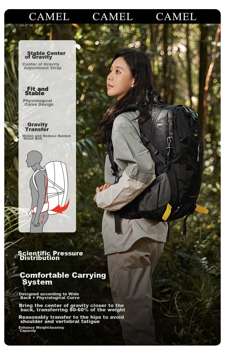 CAMEL Mountain Climbing Backpack, Outdoor Professional Backpack, Sports Backpack for Men And Women, Large Capacity, Lightweight Hiking Bag, Silver Gray 5