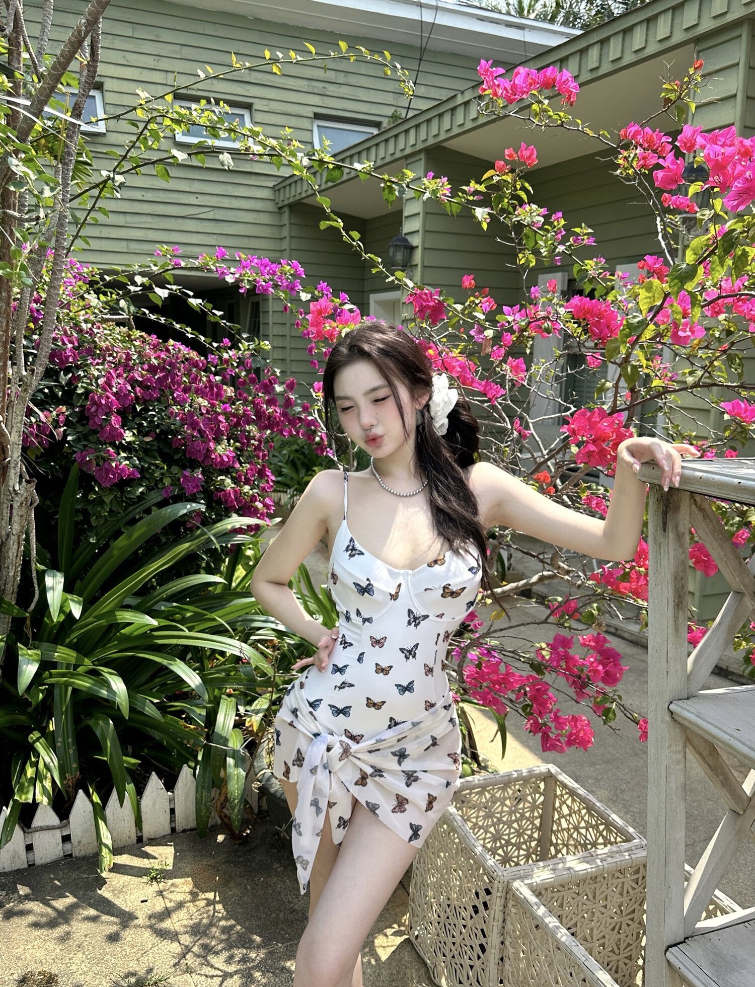 OMOM Women's One-Piece Swimsuit Sexy Pure Temptation Butterfly Print Slimming Whitening Vacation Off-White L 5