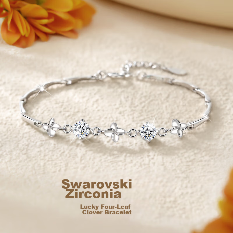GLTEN Swarovski Zirconium Four-Leaf Clover Pure Silver Bracelet for Women, New Jewelry Design, Birthday Gift, Anniversary Present for Girlfriend Or Wife
