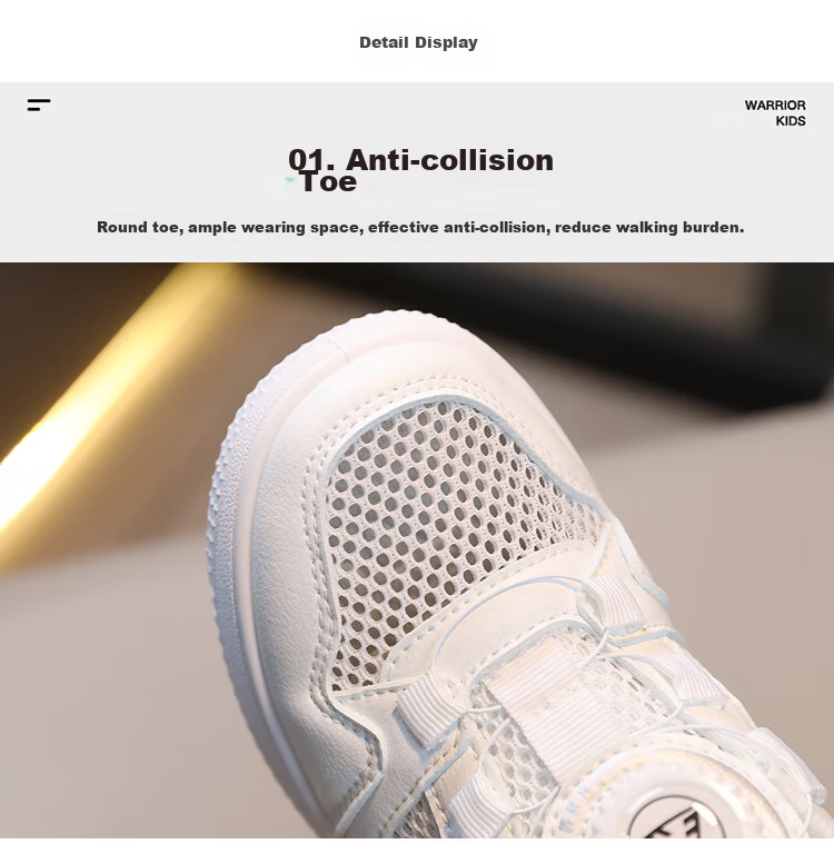 Warrior Children's Shoes, Mesh Upper White Sneakers, Sandals, Button Sports Shoes, Casual Shoes, Skateboard Shoes, WZ(CL)-0347, White, Size 35 10