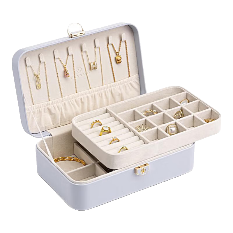 VLANDO Portable Double-Layer Jewelry Box with Lock, Birthday Gift for Girlfriend, Storage Box for Earrings, Necklaces, Hair Accessories And Bracelets