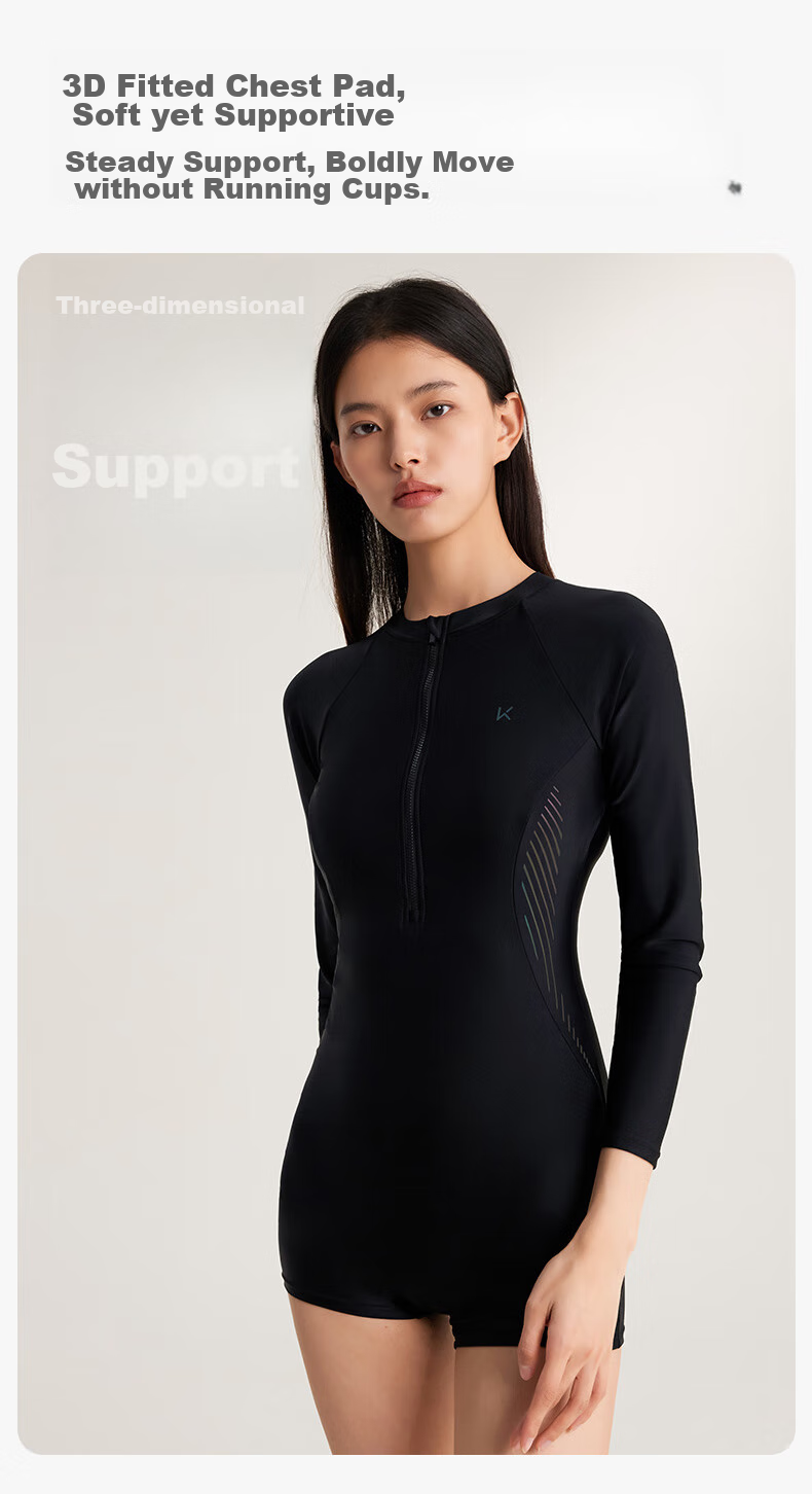 Keep Women's One-Piece Long-Sleeve Boyleg Swimsuit, Professional Training Conservative Plus Size Swimwear, 603 Black, L 8