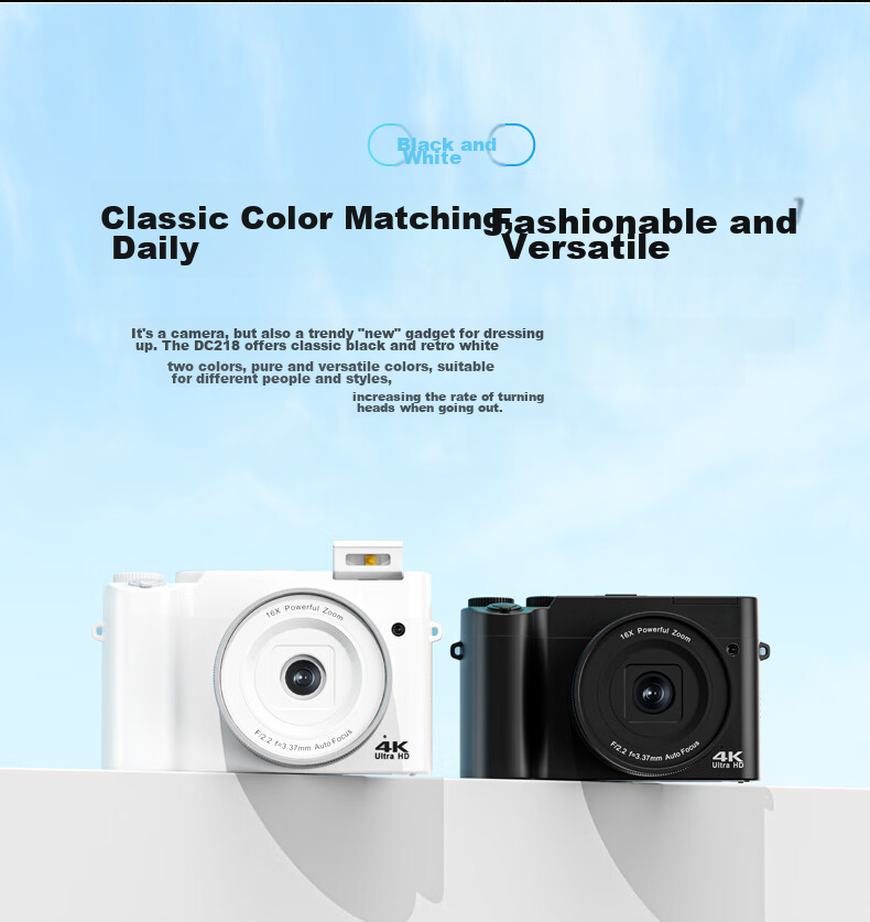 SONGDIAN Digital Camera with Dual Front And Rear Sensors, 4K High-Definition Mirrorless Camera for Vlogging, Portable, Entry-Level Student Camera DC218 White + Wide-Angle Lens 256GB Memory 15