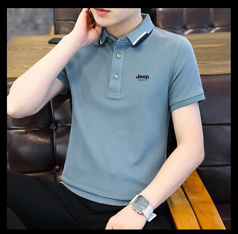 JEEP SPIRIT Men's Short Sleeve T-Shirt Summer Polo Shirt Casual Versatile Top Blue Green 3XL 22