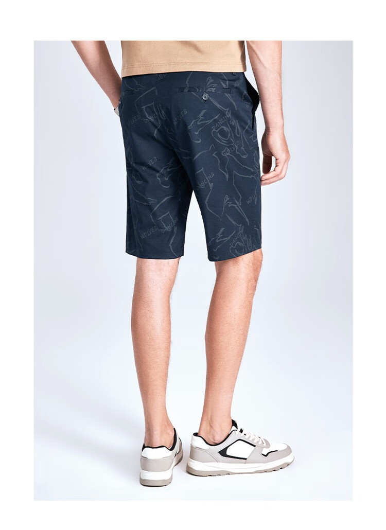DANCING WOLVES [Cotton Spandex & All-Over Adult Label] Summer Breathable Skin-Friendly Flat Waist Casual Shorts, 102 Dark Blue, Size 31 8