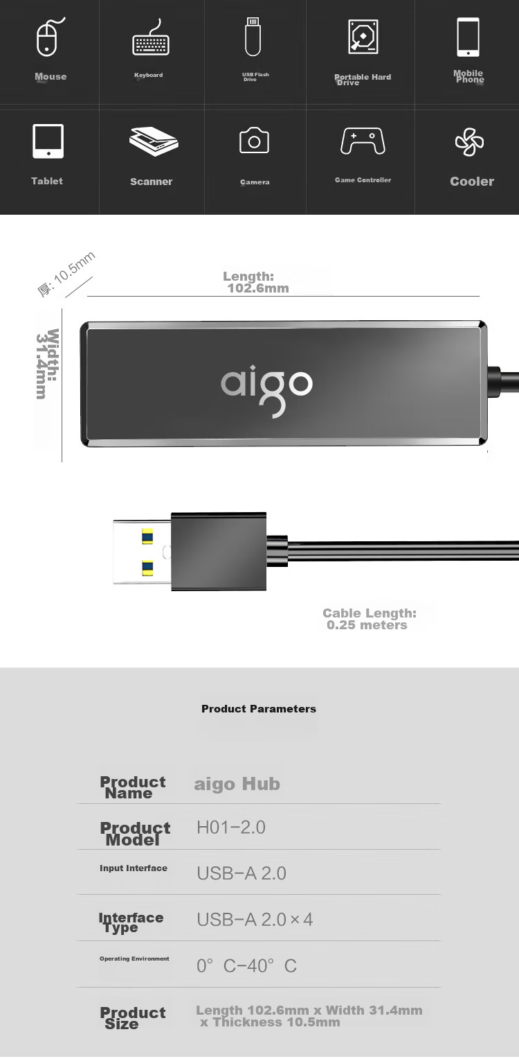 Aigo Type-C Hub Adapter, 3.0 Converter, Laptop Docking Station, USB Extension Cable, Computer Expansion Dock H02-C Metal 0.25M 8