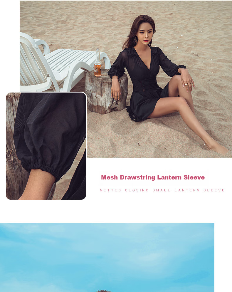 Sanqi Women's Swimsuit, Slimming, Tummy-Covering, Conservative One-Piece Dress, Fairy Style, Long Sleeves, Sexy, Hot Spring And Beach Swimming Costume, Black XXL 3