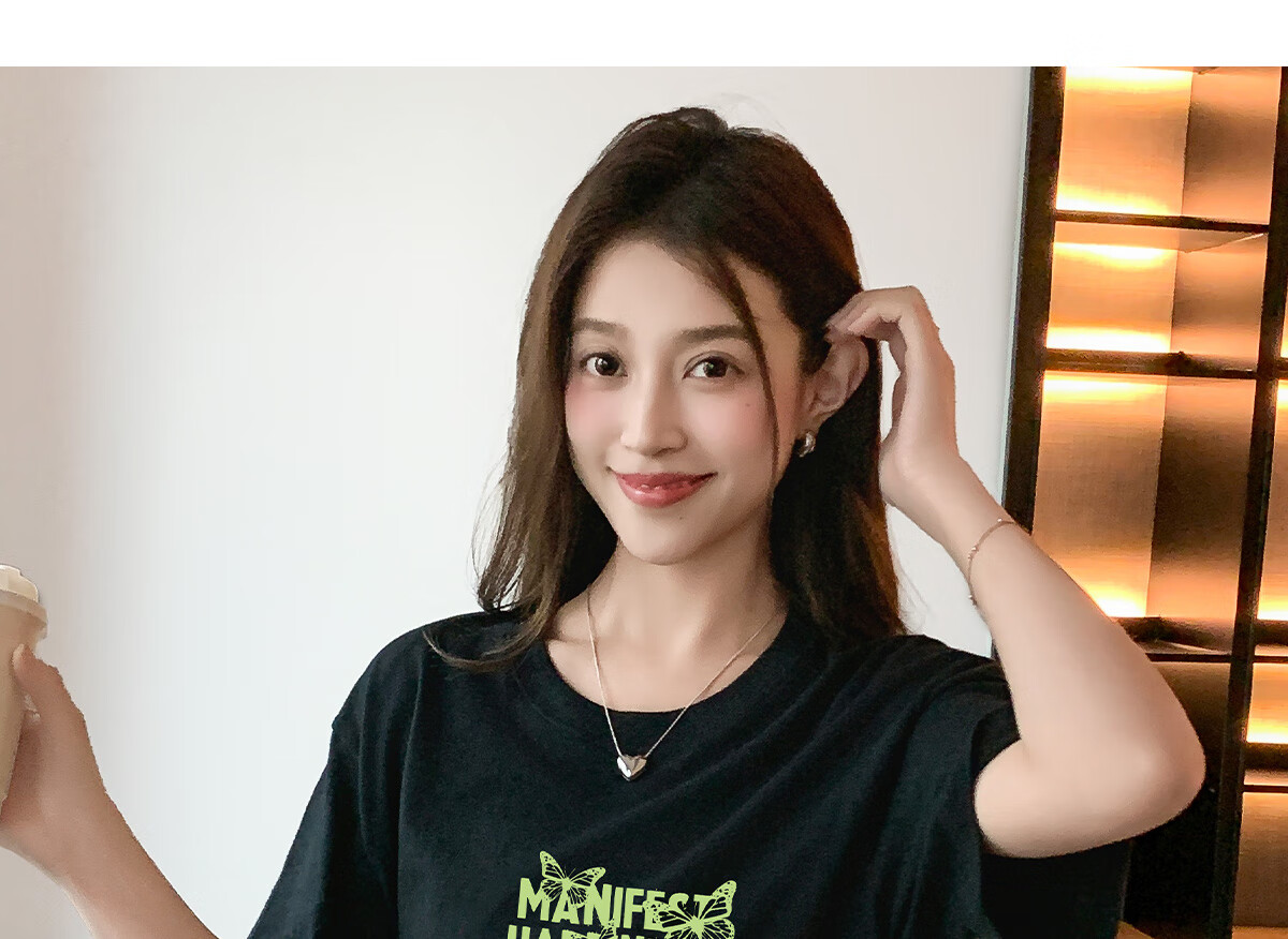 Halo Queen Women's Short-Sleeve T-Shirt, Summer Undershirt, Inner Layer Top, Trendy Letter Print, Loose-Fitting T-Shirt, H143T1418 50
