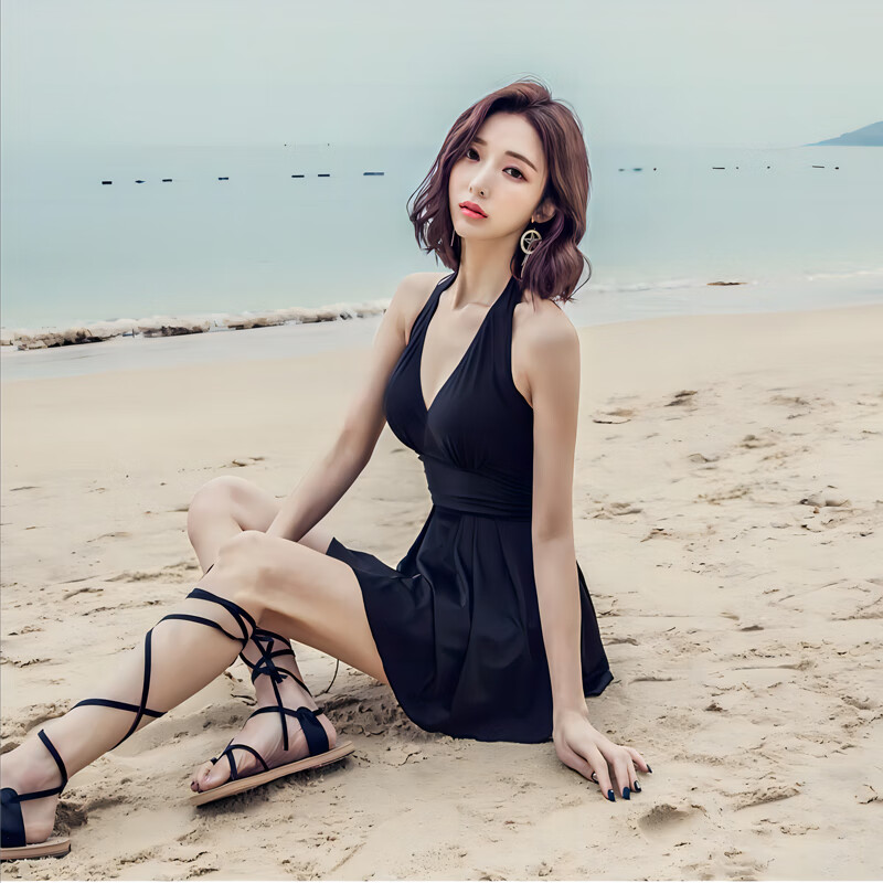 DK Conservative One-Piece Swimsuit for Women, Tummy Control, Slimming, Sexy, Figure-Hugging, Push-Up Bra, Suitable for Hot Springs And Swimming, Black, M