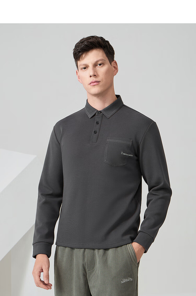 DANCING WOLVES [Fleece-Lined for Warmth] Autumn And Winter Fashionable Stitched Design Men's Long-Sleeve POLO Shirt, 001 Black, Size 175 12