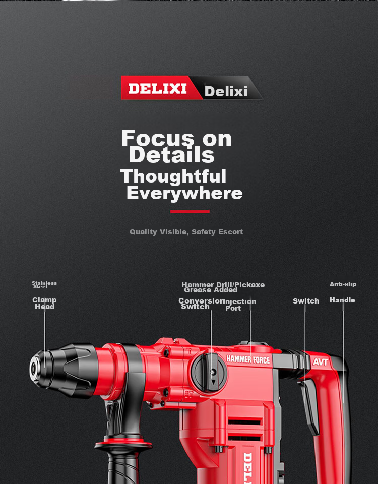 DELIXI Electric Hammer, Chisel And Drill, High-Power Three-In Impact Drill, Concrete, Home Use, Multi-Functional Electric Tool, Plug-In Electric Hammer 27
