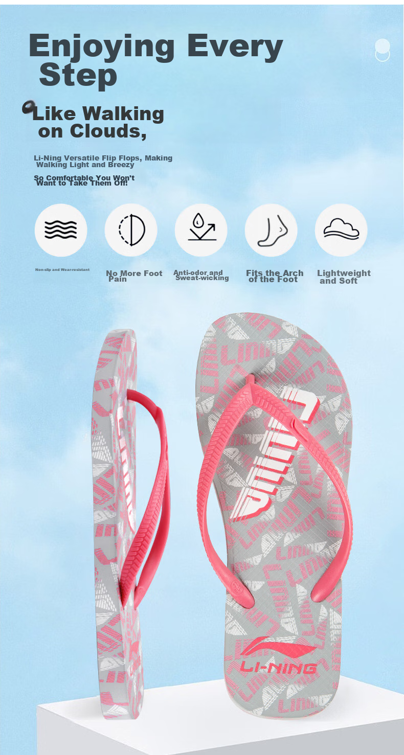 Li-Ning Flip-Flops, Women's Summer Outdoor Wear, Thong Sandals, Non-Slip Fashionable Slippers, Beach Shoes, Sandals 3