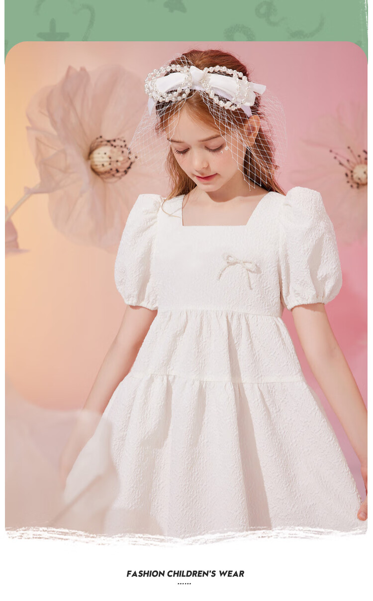 ASK JUNIOR Girls' Summer Dress with Puff Sleeves, Princess Style, Beach Vacation-Inspired White Dress 4