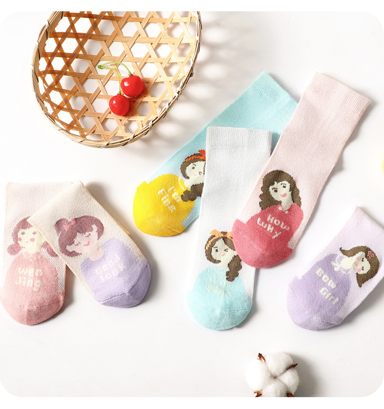 LangSha Children's Socks, Girls' Spring And Summer Thin Mesh Elastic Comfortable Mid-Calf Cotton Socks, for Older Children, Short Socks, 6 Pairs 8
