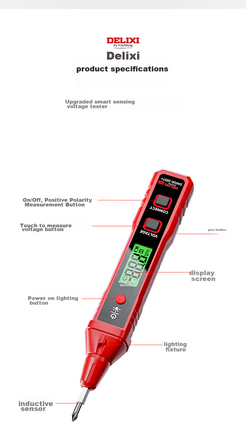 DELIXI Smart Voltage Tester, Multi-Functional Wire Detector with Digital Display, Professional Electrician's Induction Voltage Pe 14