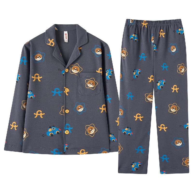 Fenteng Children's Pajamas for Boys, Antibacterial Pure Cotton Spring Cartoon Long-Sleeve Sleepwear for Older Kids