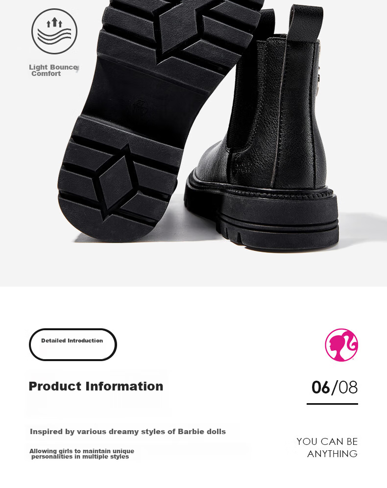 Barbie Children's Boots, Girls' Short Boots, Spring And Autumn Single-Lined Martin Boots, Girls' Leather Shoes, Chelsea Leather Boots DA6566, Black, Size 33 10