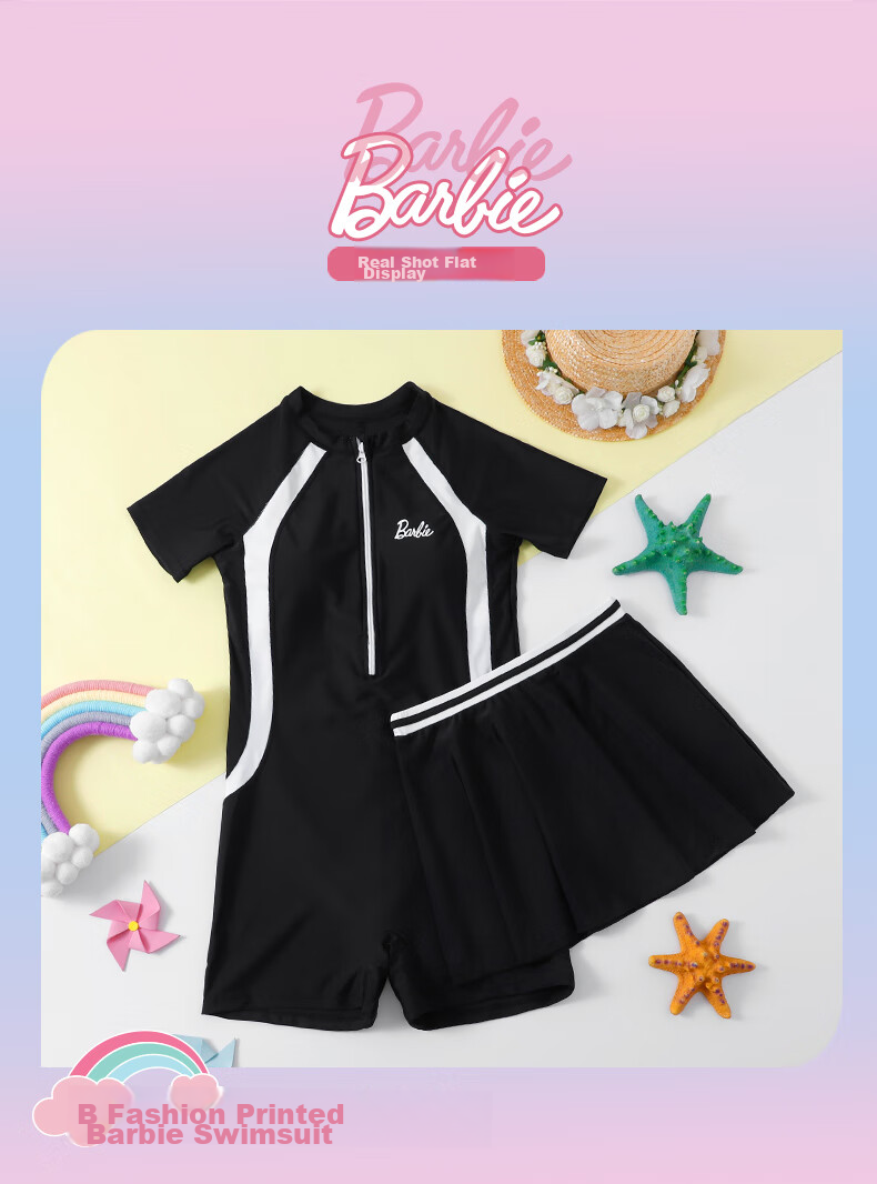 Barbie Children's Sun Protection Swimsuit One-Piece Dress for Older Girls, Conservative Swimwear for Elementary, Middle And High School Training for Young Wome 32