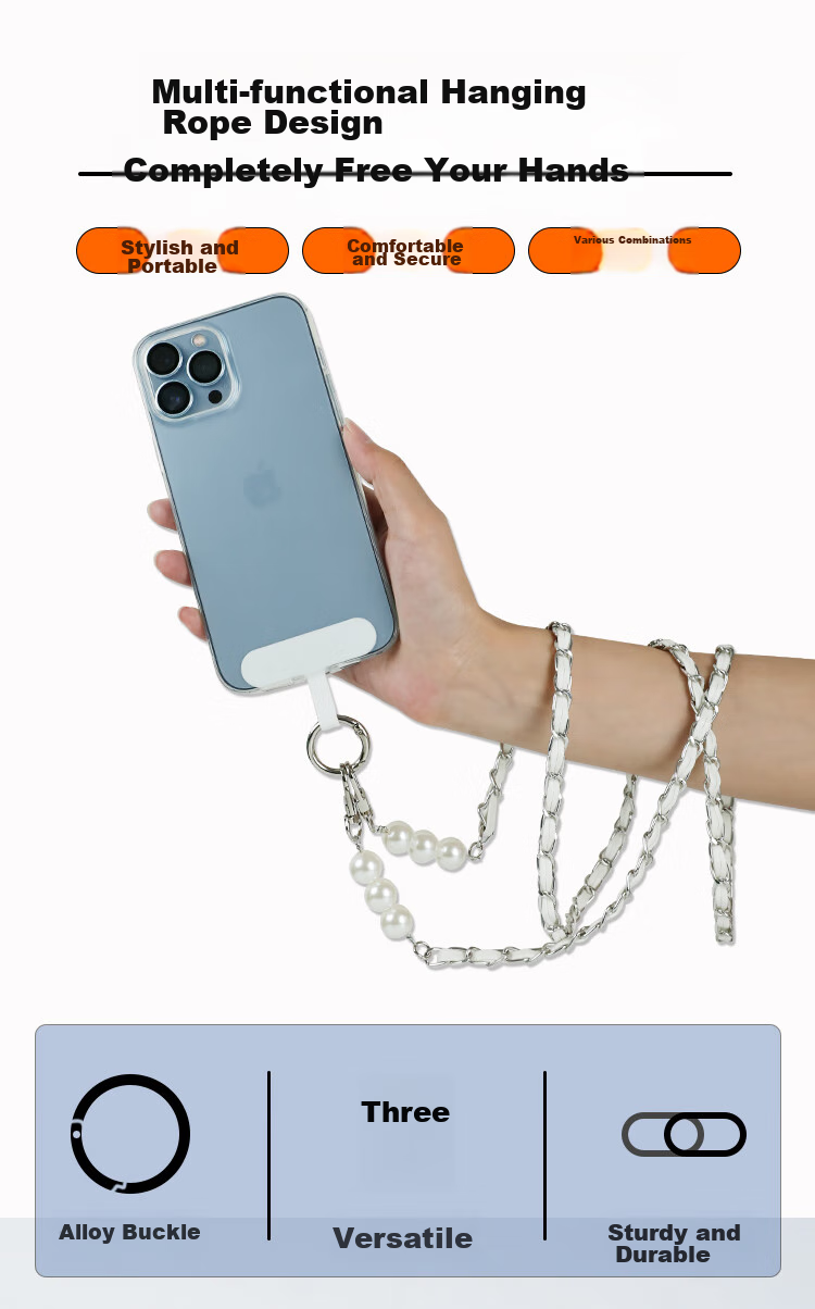 ESCASE Phone Lanyard Crossbody Strap Neck Strap Anti-Loss Phone Case Long Chain High Fashion Pearl Necklace Dopamine Summer Colorful Silver White 1