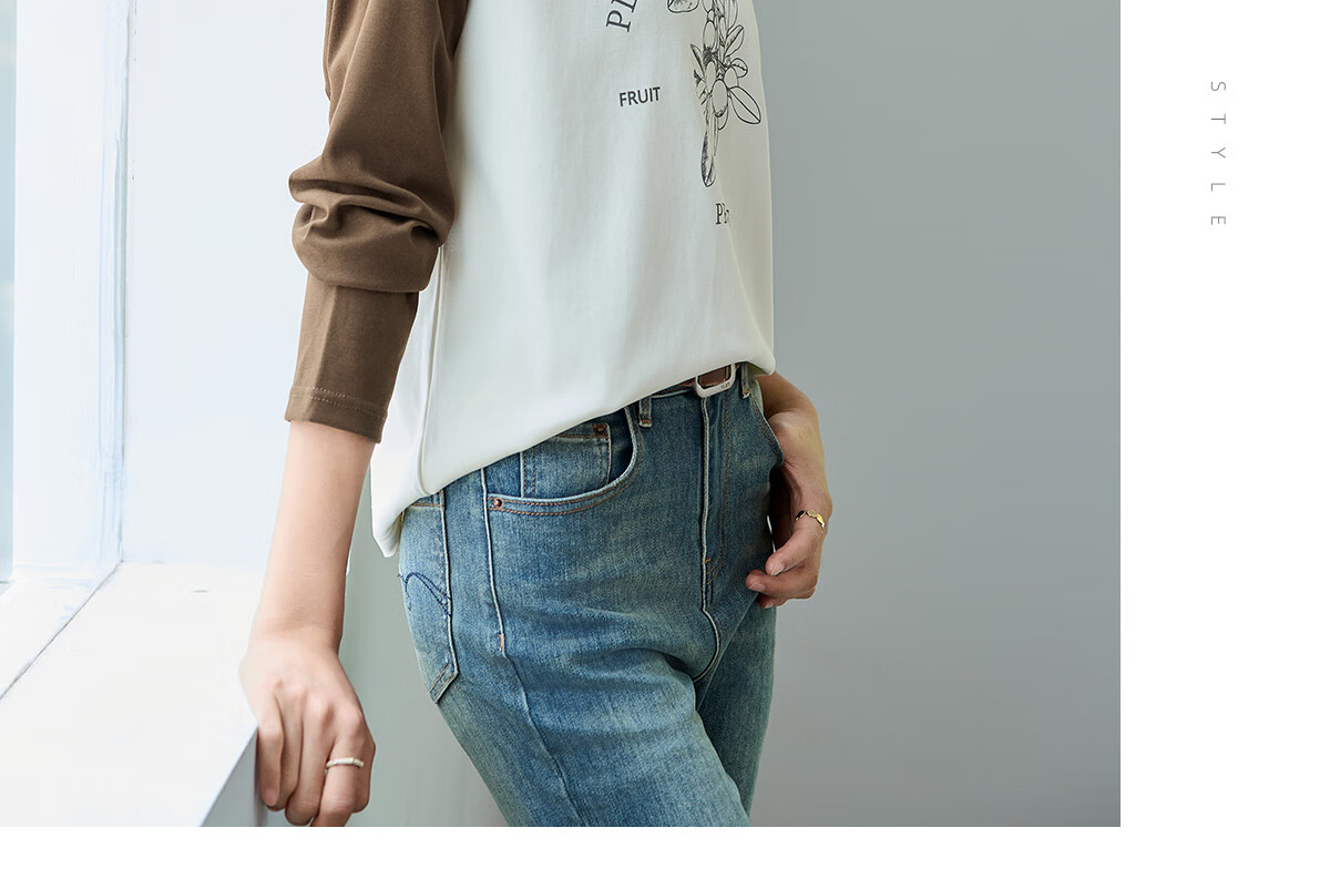 Chushen Spring And Autumn Long-Sleeve T-Shirt for Women, Wilderness Maillard Round Neck Contrasting Color Splicing Simple Loose Base Shirt S143T2022 17