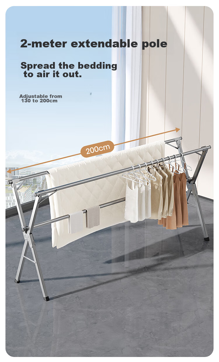MARYYA Extendable Clothes Drying Rack, Floor-Standing Balcony-Specific Drying Pole, Foldable Laundry Hanger, Stainless Steel Portable Drying Stand 2