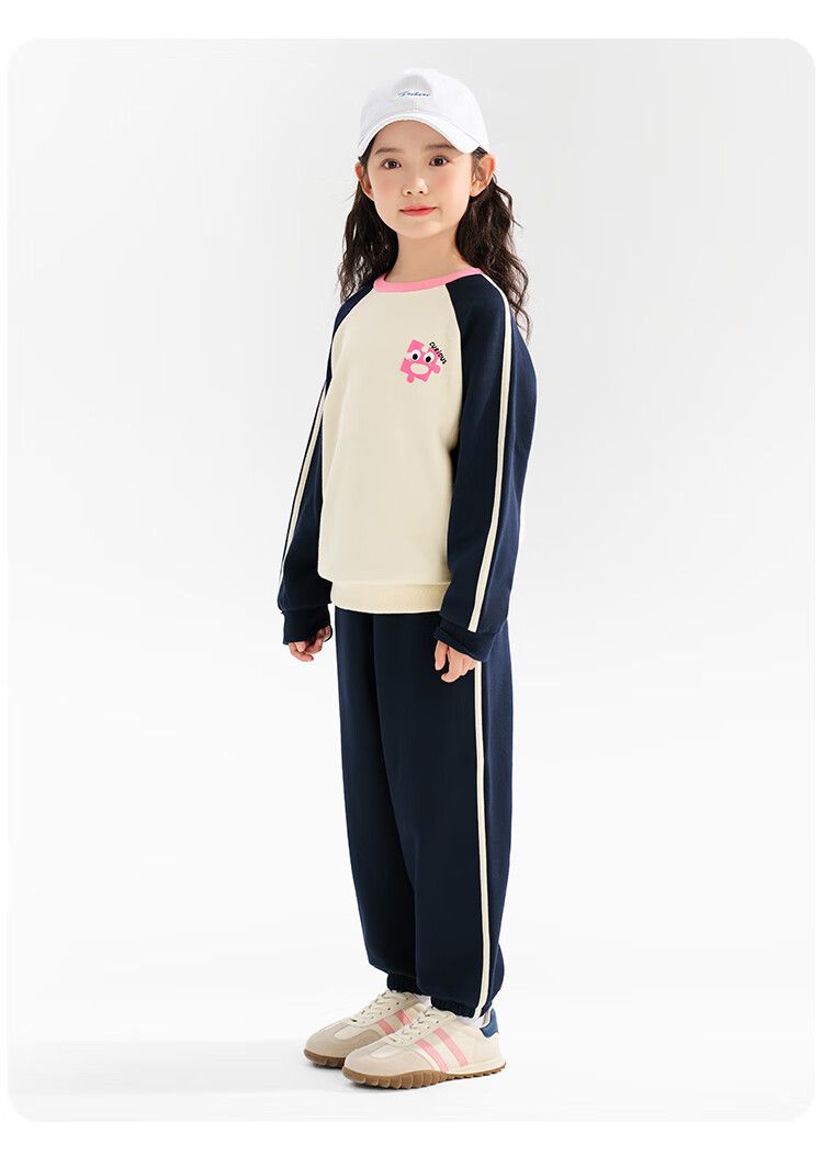 QQ DUCK Children's Clothing Set Girls' Sweatshirt And Sweatpants Student Sportswear Youth Outfit Puzzle Set Light Pink; 160 3