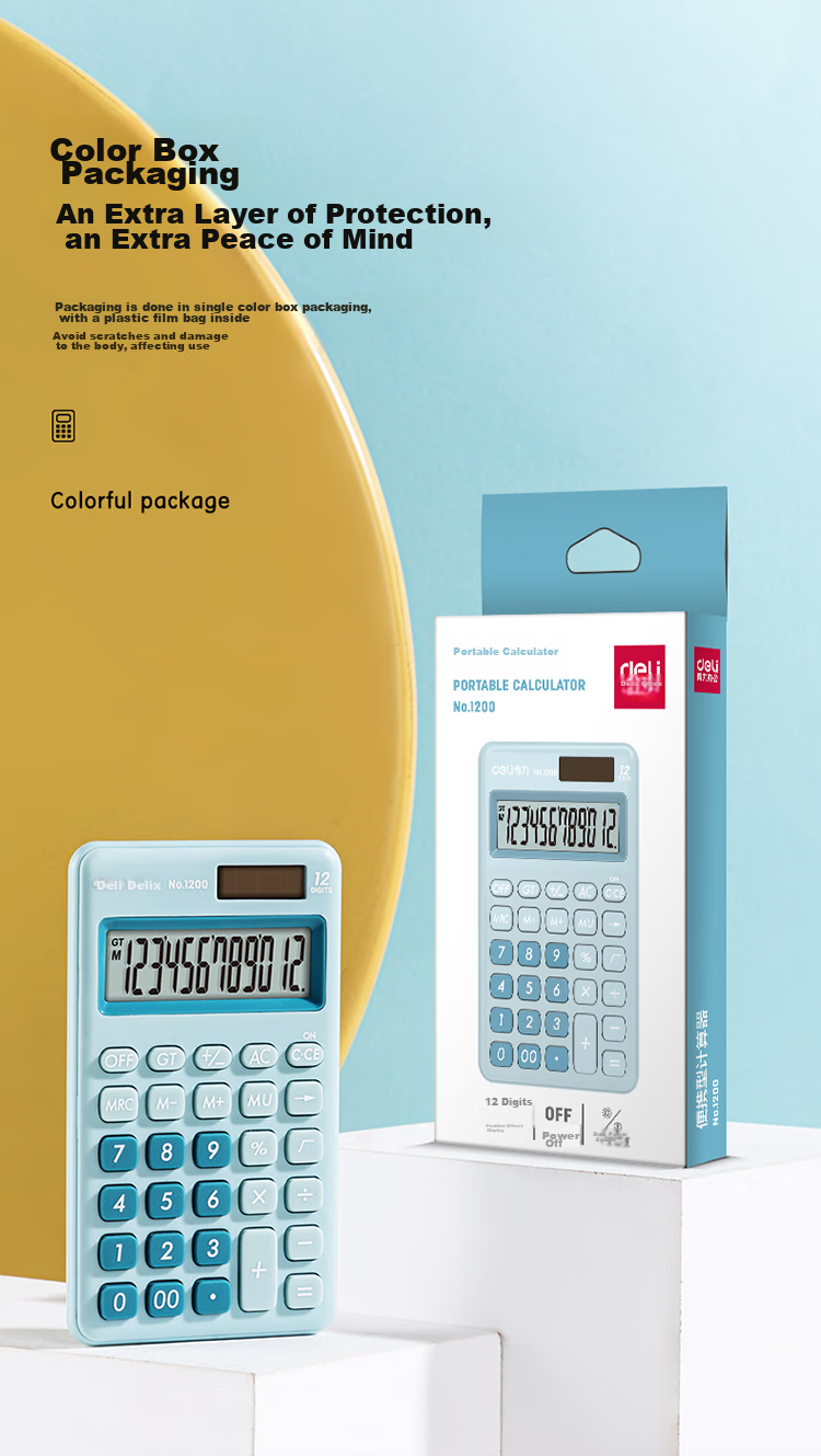 Deli Dual Power Portable Stylish Calculator, Slim Body with Silicone Buttons, Cute Desktop Calculator for Children And Students in Fourth Grade, Learning Supplies, Light Blue 1200 11