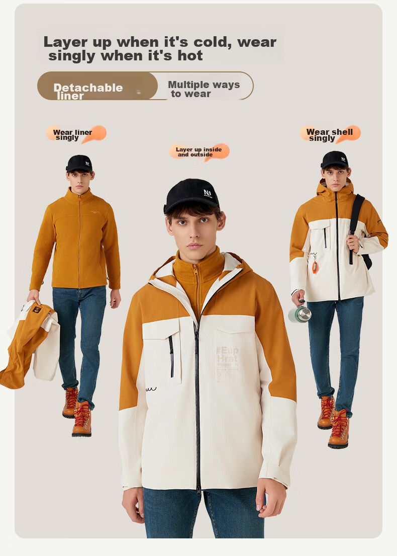 NORTHLAND [Huyanglin 2.0] Men's Water-Repellent And Windproof Three-In Jacket, Hiking And Mountaineering Two-Piece Set 10