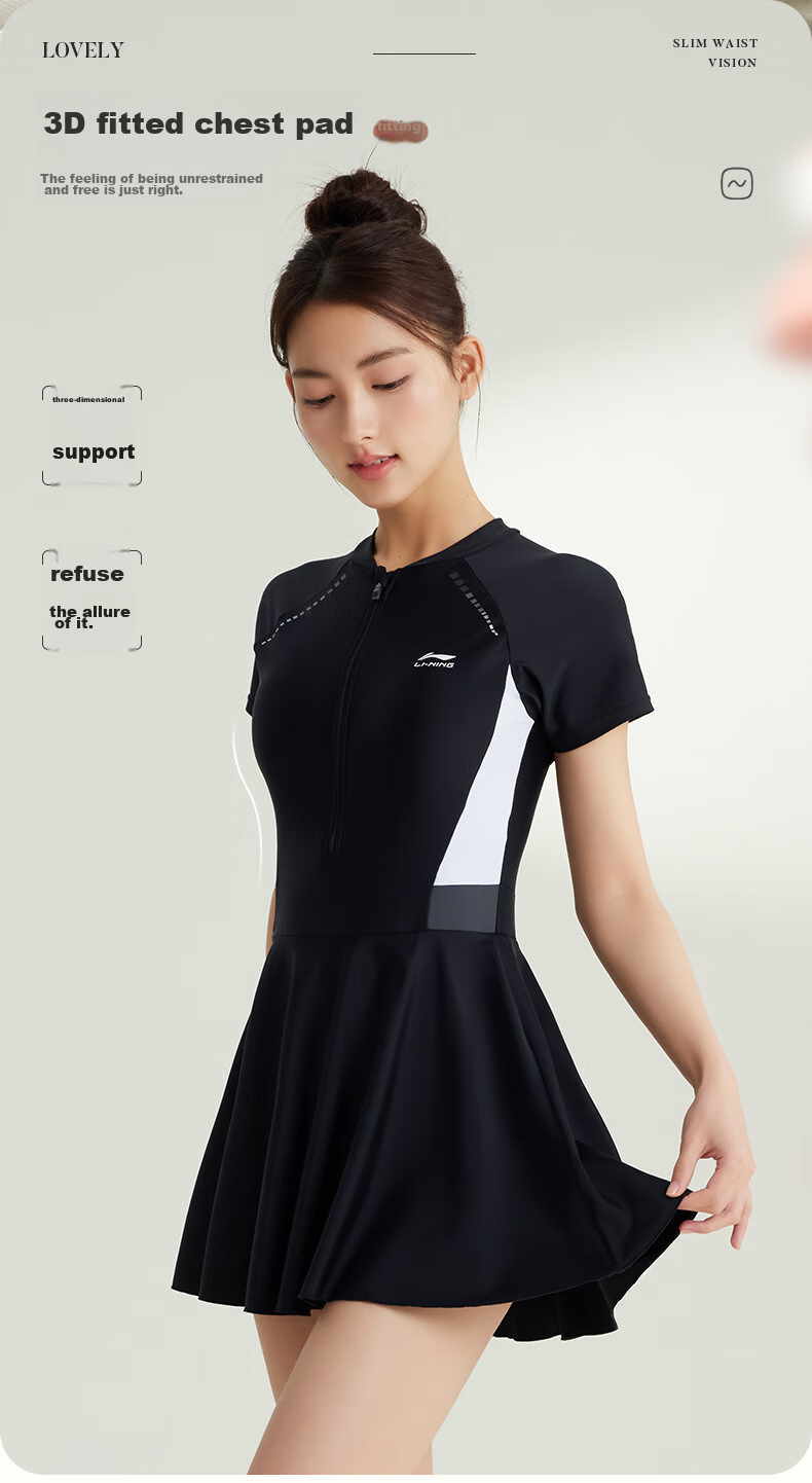 Li-Ning One-Piece Swimsuit for Women, Dress-Style Swimwear, Tummy Control, Slimming, Chlorine-Resistant, Quick-Drying, Water Play, Vacation Swimwear, 546 Black, Size M 6