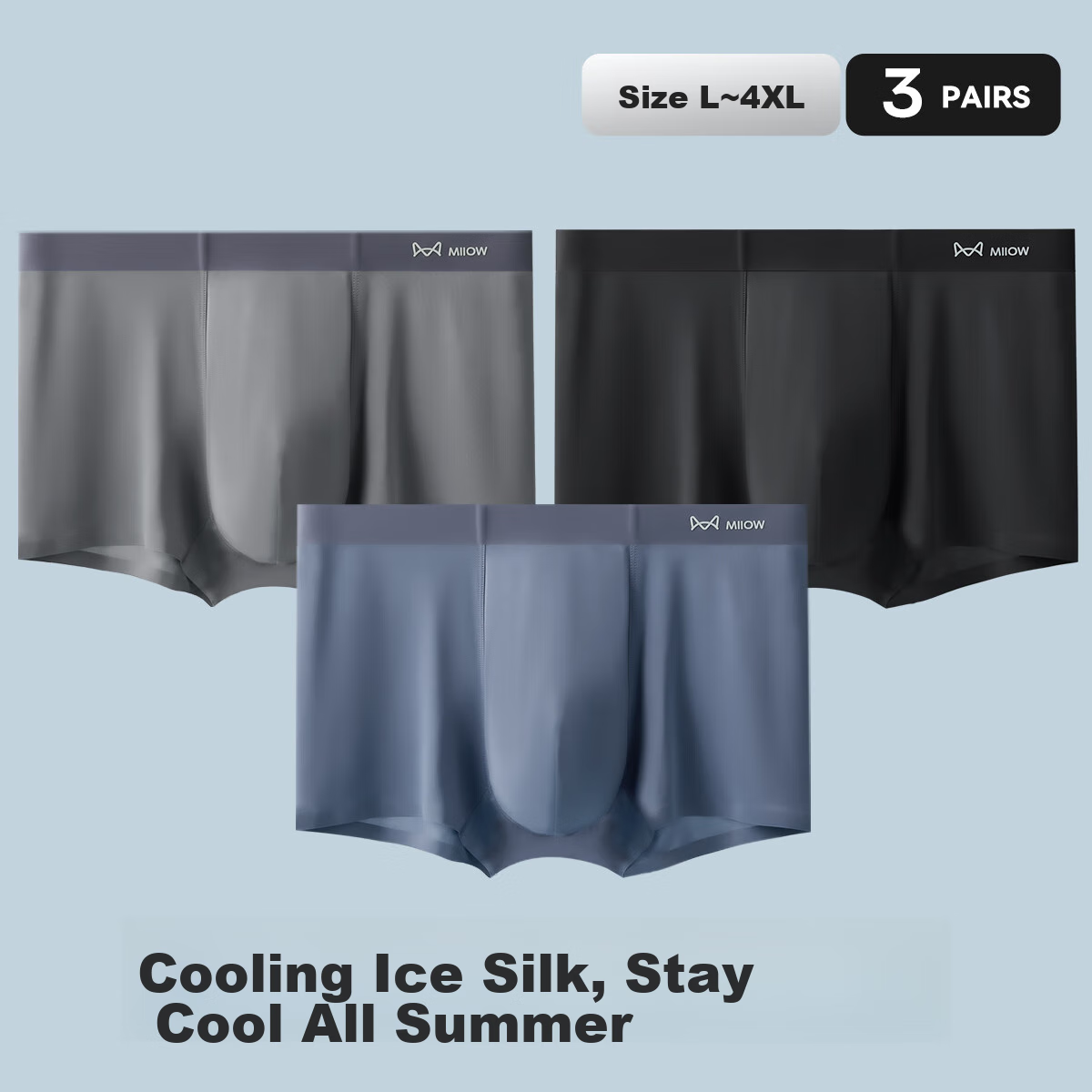 Мужское нижнее белье MiiOW Ice Silk Seamless Boxer Briefs, антибактериальные шорты с охлаждающим эффектом, 3 шт., новинка 2025 года