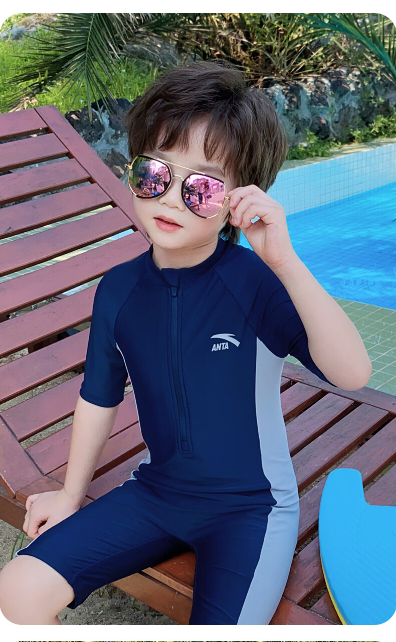 ANTA Boys' Swimwear 2024 New Kids' One-Piece Quick-Dry Youth Professional Training Swimsuit Blue White 150 4