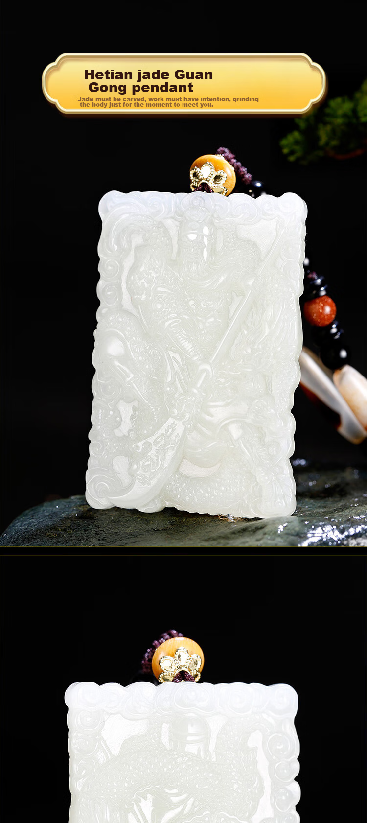 Guibao Hetian Jade Guan Gong Pendant, Men's Jade Pendant, Wealth God Jade Stone Ornament, with Black Spots, Green Jade Style 1