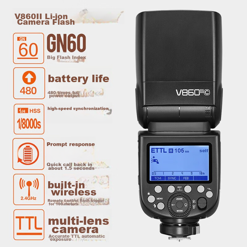 Godox V860III Third-Generation Hot Shoe Flash for DSLR And Mirrorless Cameras, High-Speed Sync Off-Camera TTL Automatic Metering Lithium Battery Hot Shoe Flash, Canon Versio
