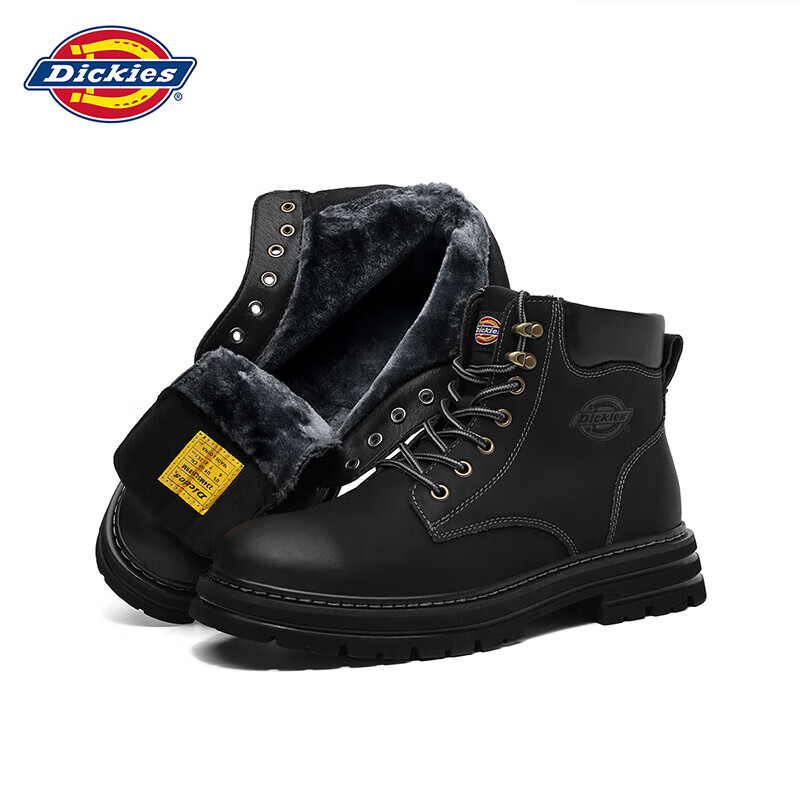 Dickies Men's High-Top Martin Boots, Stylish Versatile Comfortable Breathable Work Boots, Black Fleece-Lined, Size 42